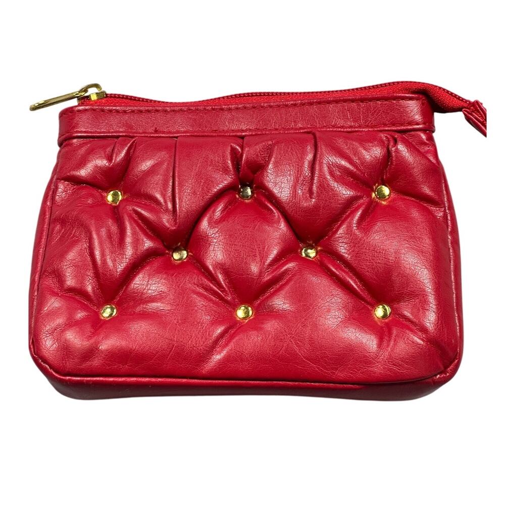 Quilted Red Leather Studded Zippered Makeup Pouch Clutch